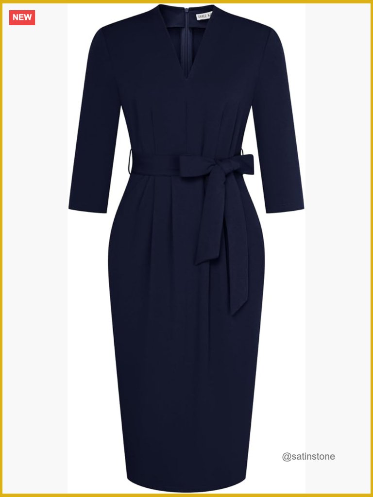 Womens Work Dresses V Neck 3/4 Sleeve Back Zipper Tie Waist Bodycon With Pockets